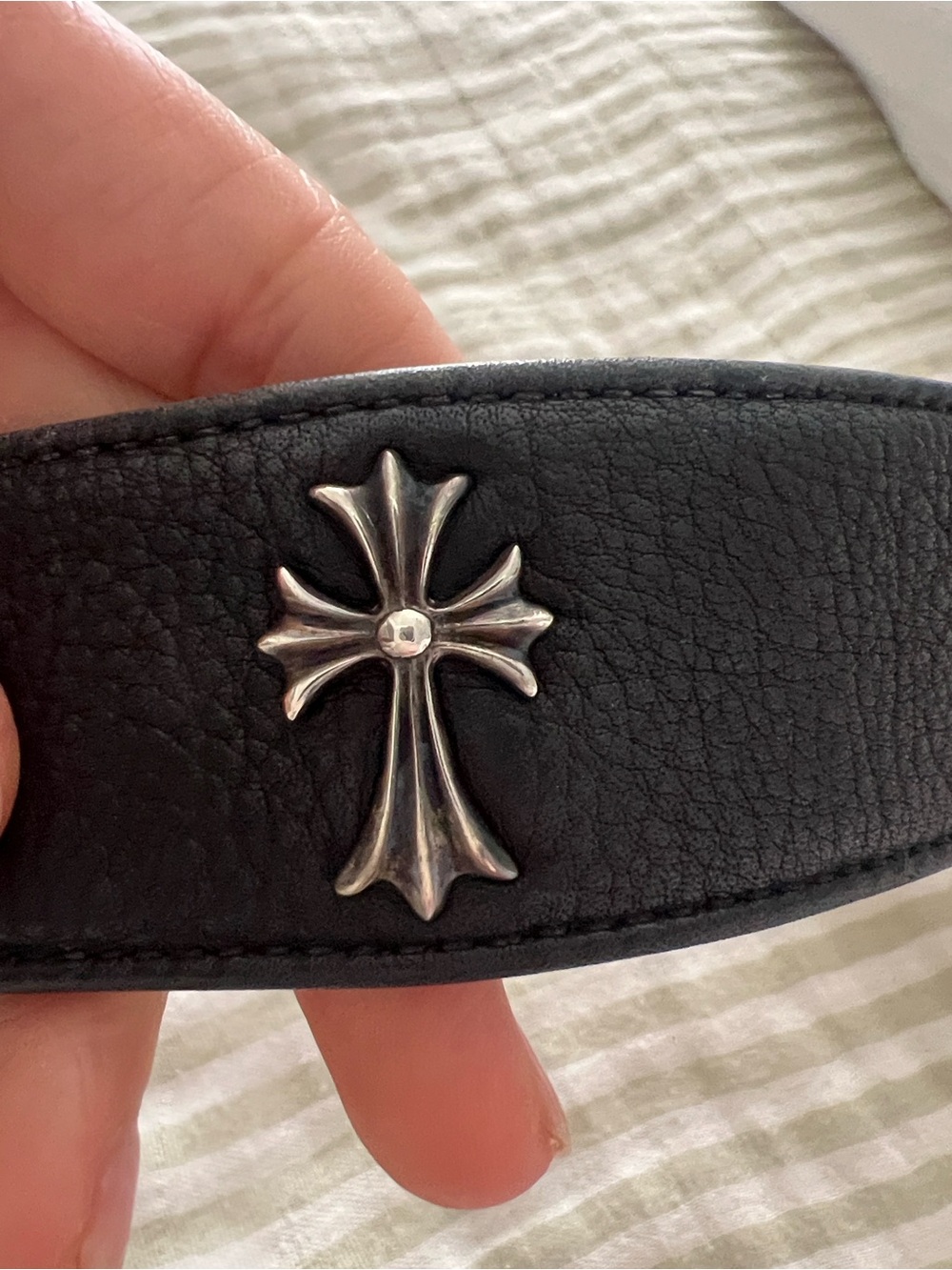 Chrome Hearts Black Leather Neck Band with Silver Cross Emblem